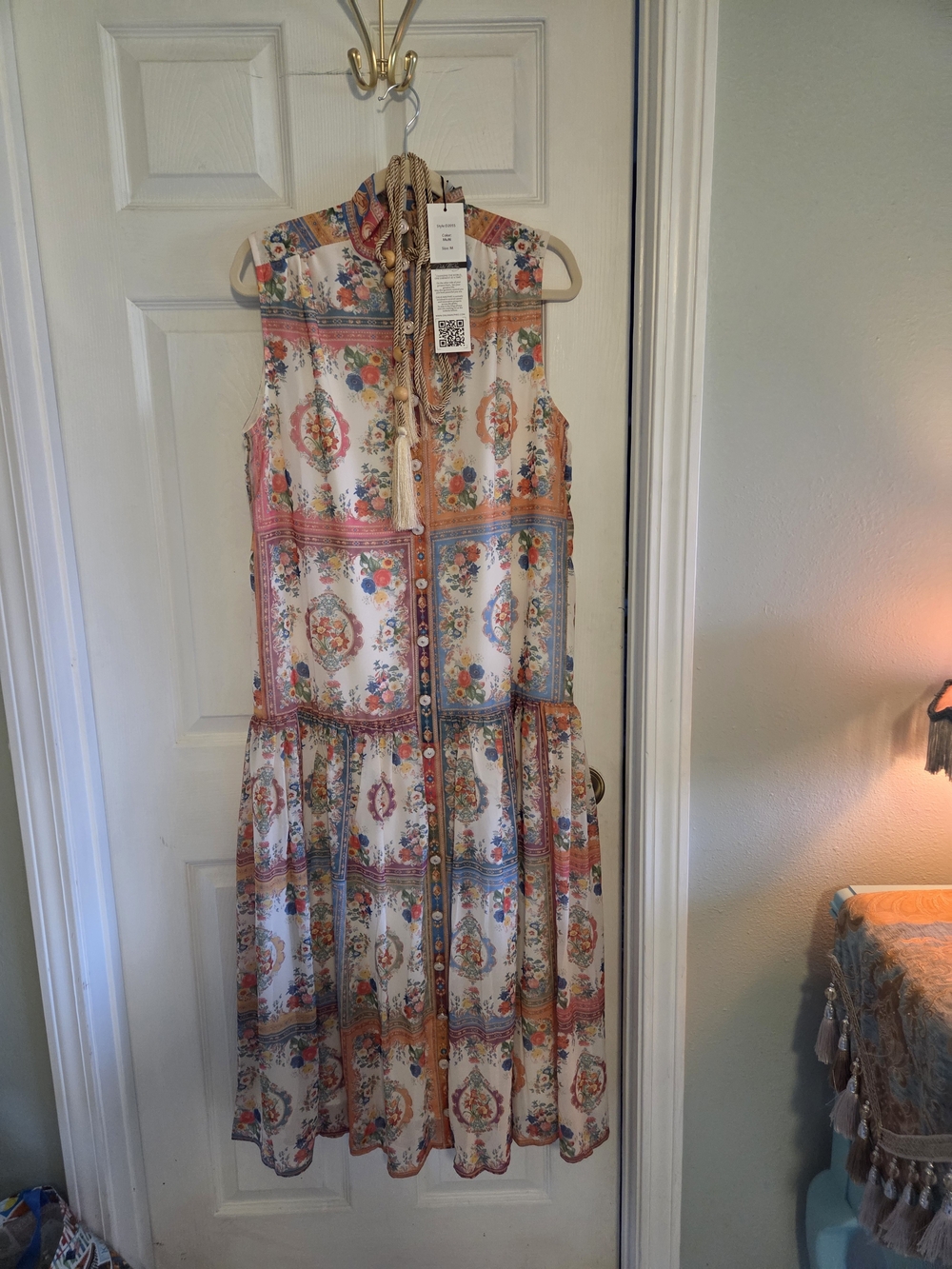 Dahlia McPhee Cream Floral Medallion Tiered Maxi Dress with Tassel Tie